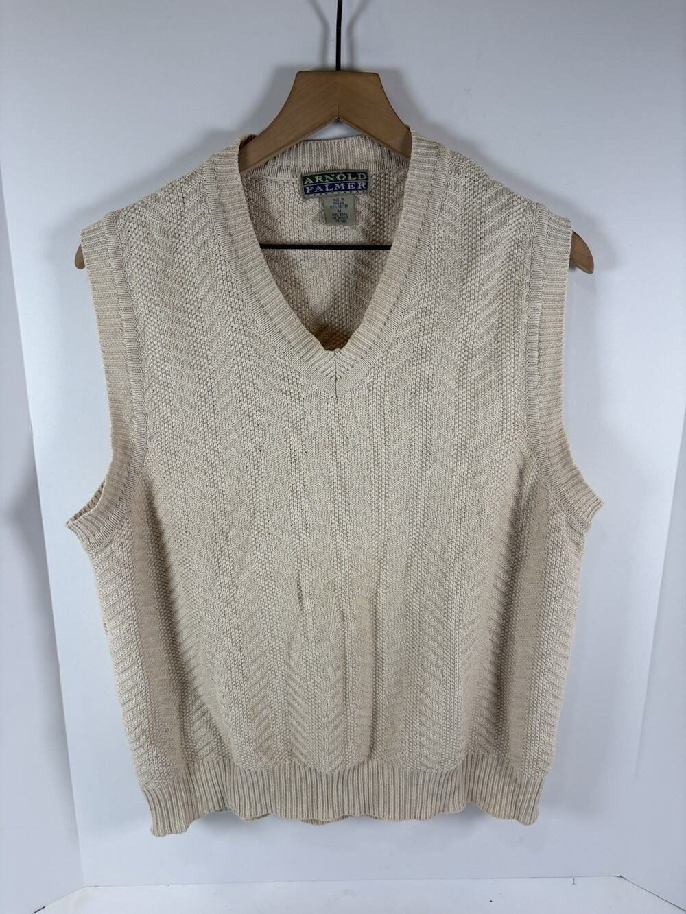Vintage Arnold Palmer 100% Cotton V Neck Sweater Vest Cream Men’s Medium Golf
